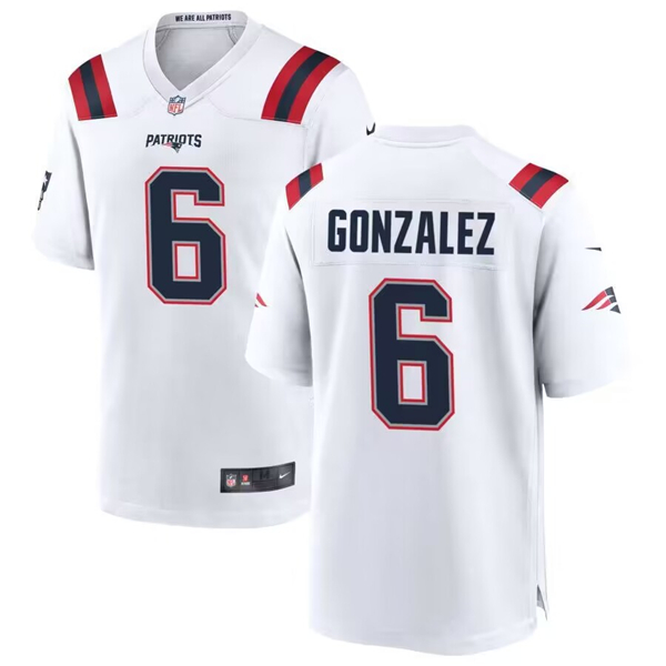 Men's New England Patriots #6 Christian Gonzalez White Stitched Game Jersey Men's New England Patriots #6 Christian Gonzalez White Stitched Game Jersey
